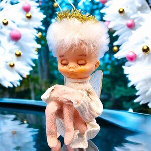 Pixie Angel Knee Hugger Ornament Tulle Wings 50s Felt Tinsel Halo Sleepy Eyes
